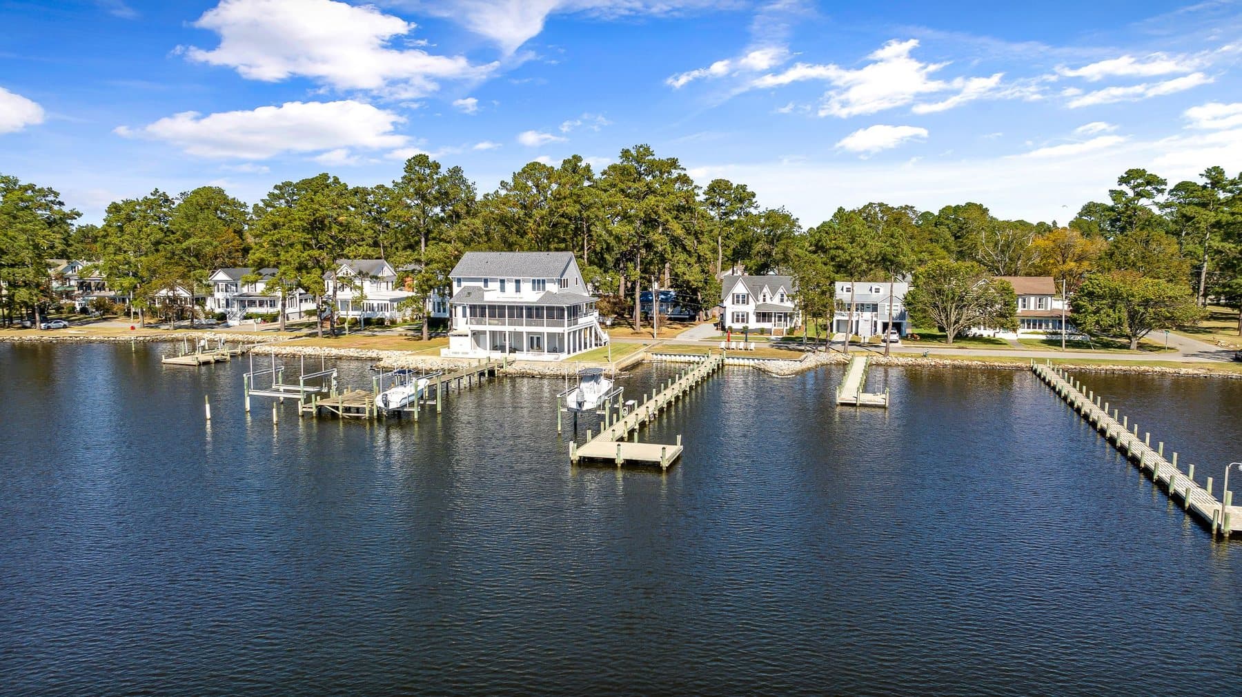 Aerial view of waterfront homes and private docks in Belhaven, North Carolina
